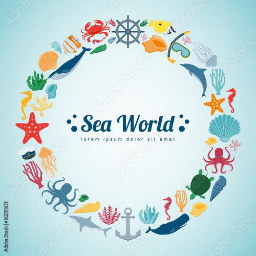 Sea icons and symbols set. Sea animals. Nautical design elements. Vector