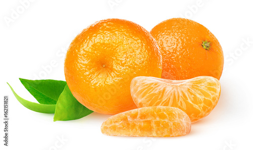 Isolated tangerines. Two whole tangerine or mandarin orange fruits and peeled segments isolated on white background with clipping path