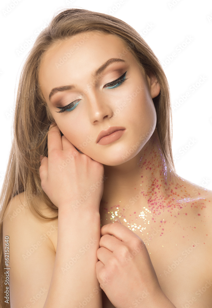 Sensual woman with professional makeup and glitter on her neck Sensual woman with professional makeup and glitter on her neck