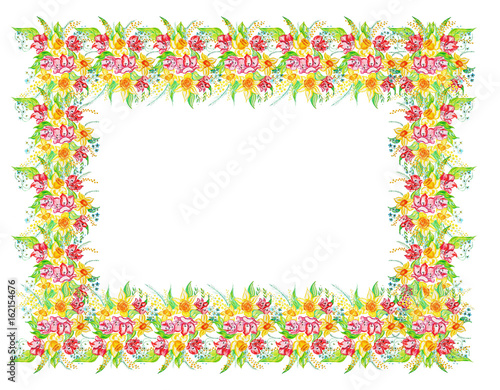 Rectangular frame. A bouquet of spring flowers - daffodils, tulips, forget-me-nots. Watercolor illustration. Element for design