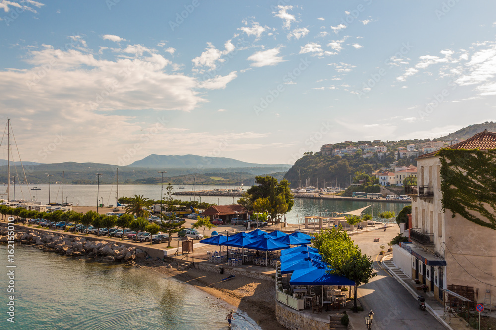 View from hotel to Navarino bay in Pylos and seafront. Pylos is located in Messinia prefecture, Greece
