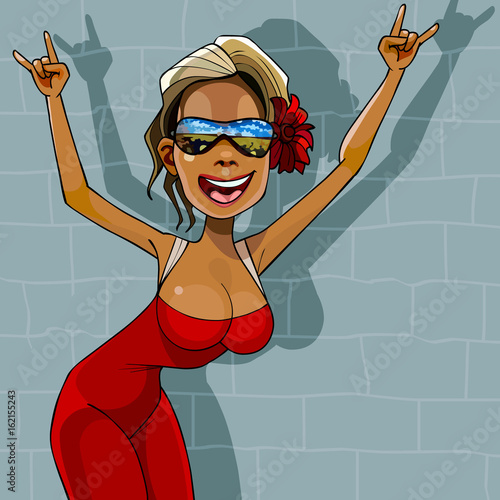 cartoon woman in red dress and sunglasses, happily rejoicing