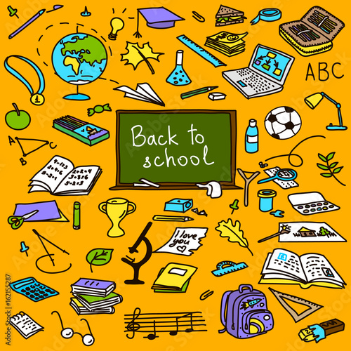 back to school, hand drawn colored objects, sketch, doodle, vector