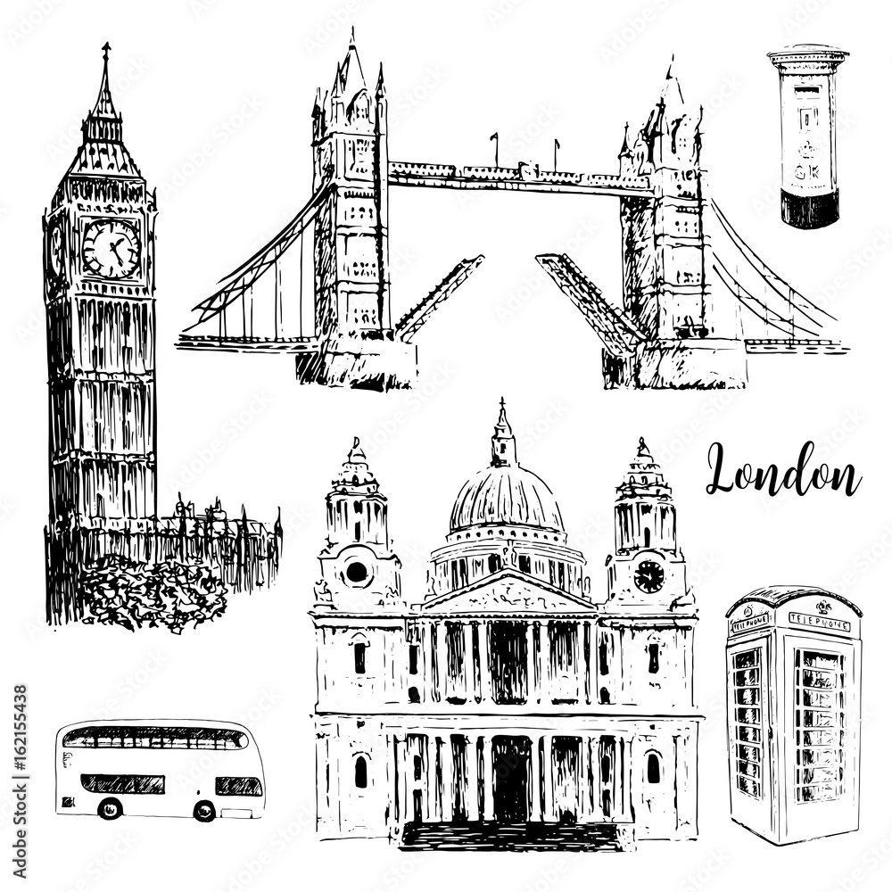 London symbols: St. Paul Cathedral, Big Ben and Tower Bridge. Beautiful hand drawn vector sketch illustration.