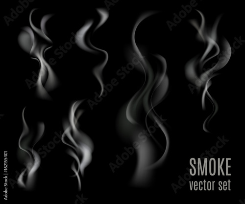 Realistic transparent smoke set isolated on black background. Cigarette smoke collection. Vector illustration