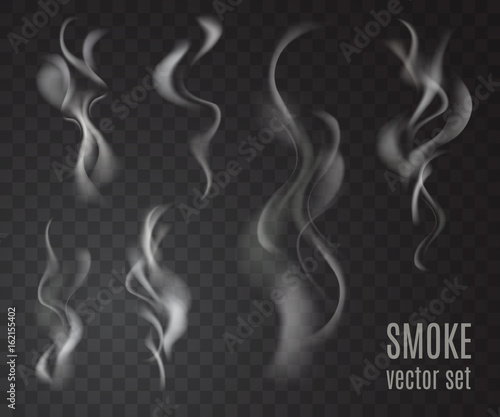 Realistic transparent smoke set isolated on transparent background. Cigarette smoke collection. Vector illustration
