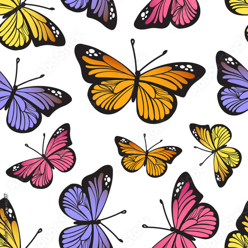 Tropical butterfly seamless hand drawn pattern. Cute cartoon insects isolated on white background. Vector illustration