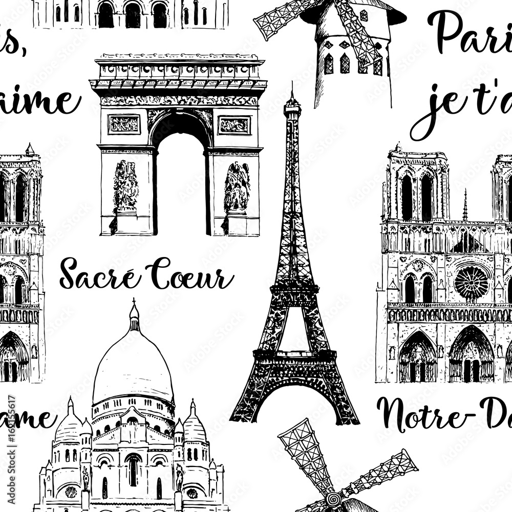 Fototapeta premium Paris sightseeing seamless pattern set. Eiffel tower, Arc de Triomphe, Basilica France. Vector hand drawn sketch