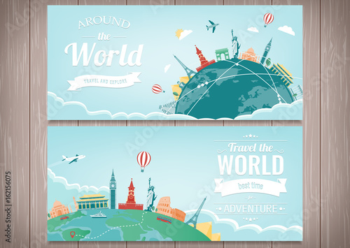 Travel composition with famous world landmarks. Travel and Tourism. Concept website template. Vector.
