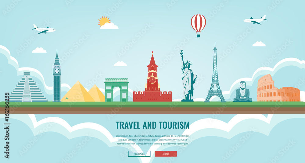 Travel composition with famous world landmarks. Travel and Tourism. Concept website template. Vector.