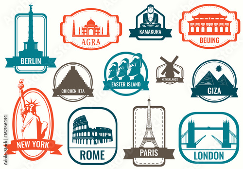 Photography World landmarks flat icon set. Travel and Tourism. Vector