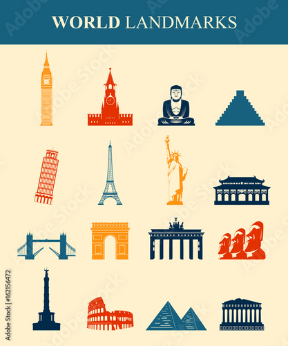 World landmarks flat icon set. Travel and Tourism. Vector