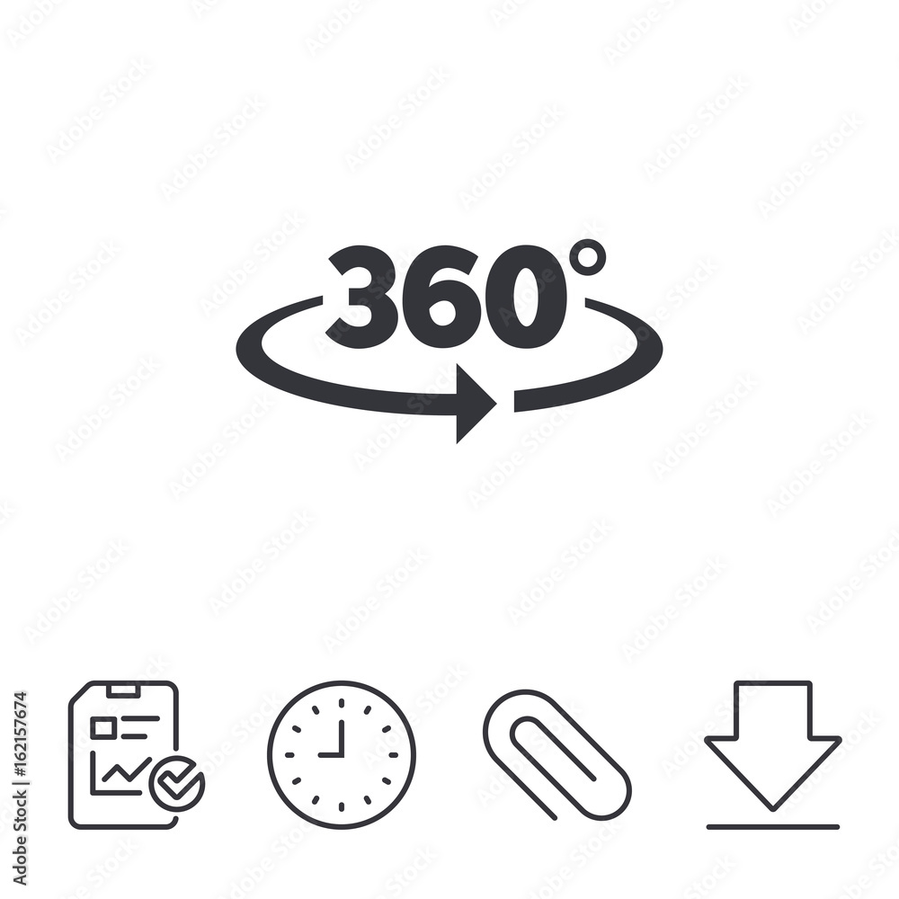 Angle 360 degrees sign icon. Geometry math symbol. Full rotation. Report, Time and Download line signs. Paper Clip linear icon. Vector Angle 360 degrees sign icon. Geometry math symbol. Full rotation. Report, Time and Download line signs. Paper Clip linear icon. Vector