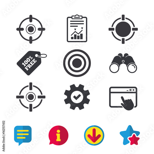 Crosshair icons. Target aim signs symbols. Weapon gun sights for shooting range. Browser window, Report and Service signs. Binoculars, Information and Download icons. Stars and Chat. Vector