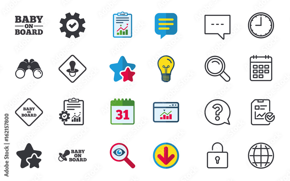 Baby on board icons. Infant caution signs. Nipple pacifier symbol. Chat, Report and Calendar signs. Stars, Statistics and Download icons. Question, Clock and Globe. Vector Baby on board icons. Infant caution signs. Nipple pacifier symbol. Chat, Report and Calendar signs. Stars, Statistics and Download icons. Question, Clock and Globe. Vector
