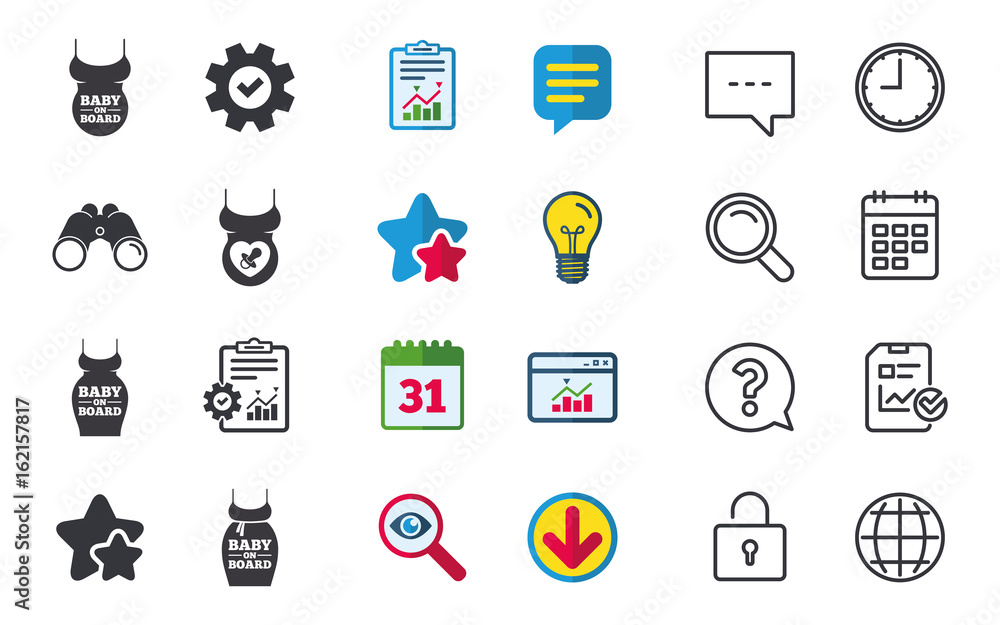Baby on board icons. Infant caution signs. Child pacifier nipple. Pregnant woman dress with big belly. Chat, Report and Calendar signs. Stars, Statistics and Download icons. Question, Clock and Globe Baby on board icons. Infant caution signs. Child pacifier nipple. Pregnant woman dress with big belly. Chat, Report and Calendar signs. Stars, Statistics and Download icons. Question, Clock and Globe