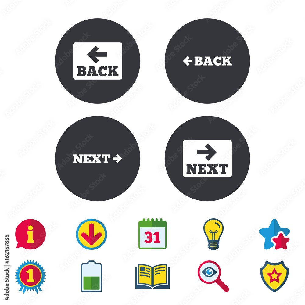 Back and next navigation signs. Arrow direction icons. Calendar, Information and Download signs. Stars, Award and Book icons. Light bulb, Shield and Search. Vector Back and next navigation signs. Arrow direction icons. Calendar, Information and Download signs. Stars, Award and Book icons. Light bulb, Shield and Search. Vector
