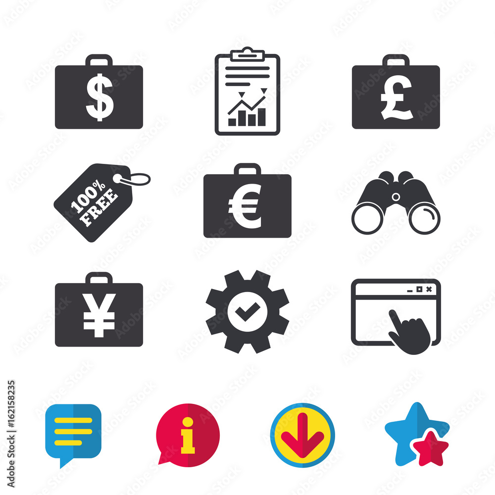 Businessman case icons. Cash money diplomat signs. Dollar, euro and pound symbols. Browser window, Report and Service signs. Binoculars, Information and Download icons. Stars and Chat. Vector Businessman case icons. Cash money diplomat signs. Dollar, euro and pound symbols. Browser window, Report and Service signs. Binoculars, Information and Download icons. Stars and Chat. Vector