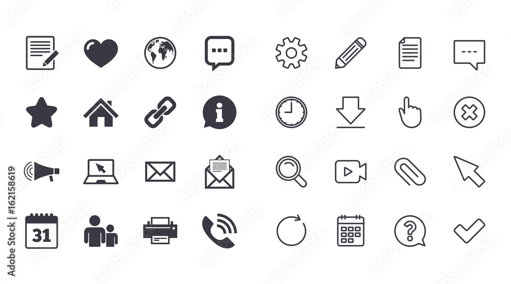 Set of Communication, Conference and Information icons. E-Mail, Printer and Internet signs. Speech bubble, Support and Phone call symbols. Calendar, Document and Download line signs. Vector Set of Communication, Conference and Information icons. E-Mail, Printer and Internet signs. Speech bubble, Support and Phone call symbols. Calendar, Document and Download line signs. Vector