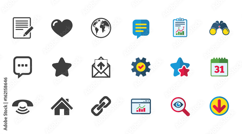 Mail, contact icons. Favorite, like and internet signs. E-mail, chat message and phone call symbols. Calendar, Report and Download signs. Stars, Service and Search icons. Vector Mail, contact icons. Favorite, like and internet signs. E-mail, chat message and phone call symbols. Calendar, Report and Download signs. Stars, Service and Search icons. Vector