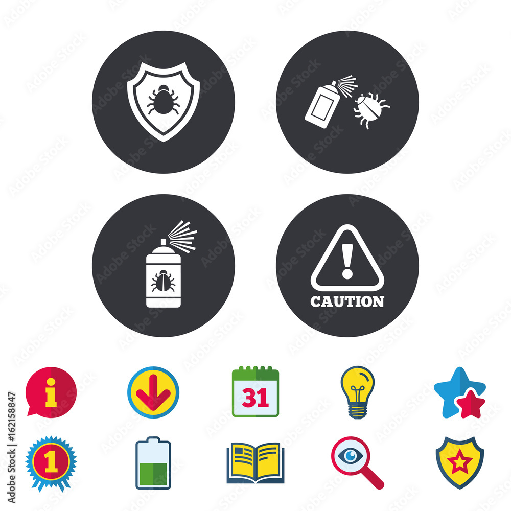 Bug disinfection icons. Caution attention and shield symbols. Insect fumigation spray sign. Calendar, Information and Download signs. Stars, Award and Book icons. Light bulb, Shield and Search. Vector Bug disinfection icons. Caution attention and shield symbols. Insect fumigation spray sign. Calendar, Information and Download signs. Stars, Award and Book icons. Light bulb, Shield and Search. Vector