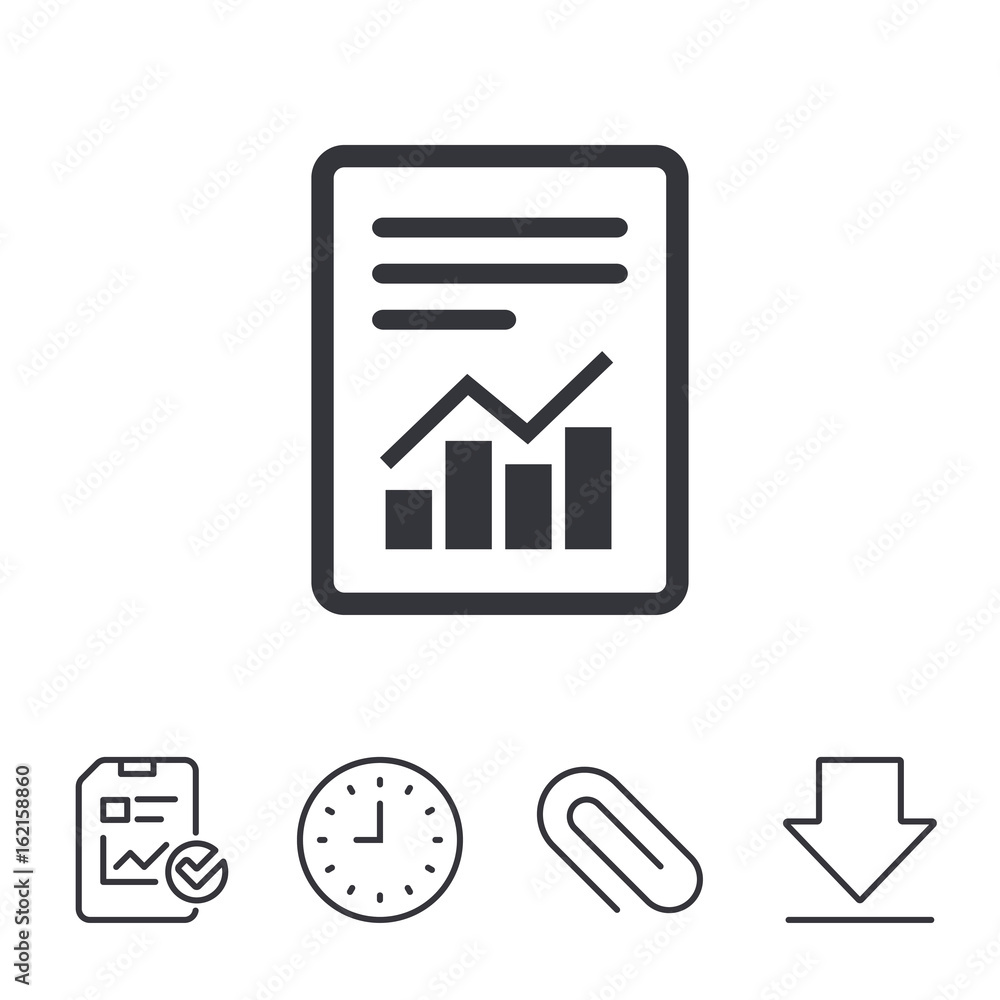 Text file sign icon. Add File document with chart symbol. Accounting symbol. Report, Time and Download line signs. Paper Clip linear icon. Vector Text file sign icon. Add File document with chart symbol. Accounting symbol. Report, Time and Download line signs. Paper Clip linear icon. Vector