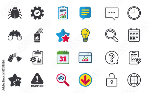 Bug disinfection icons. Caution attention symbol. Insect fumigation spray sign. Chat, Report and Calendar signs. Stars, Statistics and Download icons. Question, Clock and Globe. Vector