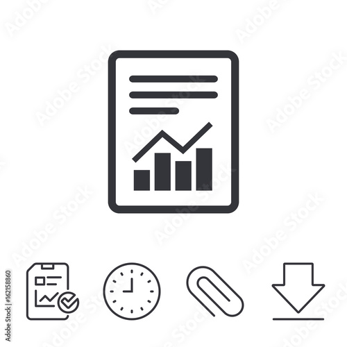 Text file sign icon. Add File document with chart symbol. Accounting symbol. Report, Time and Download line signs. Paper Clip linear icon. Vector