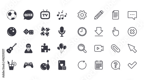 Set of Games, Entertainment and Services icons. Football, Bowling and Puzzle signs. Casino, Carnival and Music symbols. Calendar, Document and Download line signs. Pencil, Service and Search icons