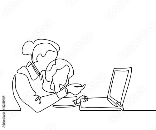 Teacher and small girl look in notebook. Continuous line drawing vector illustration. Back to school