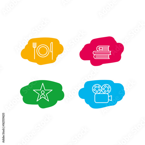 Vector icon set of movie, books, food and celebrities