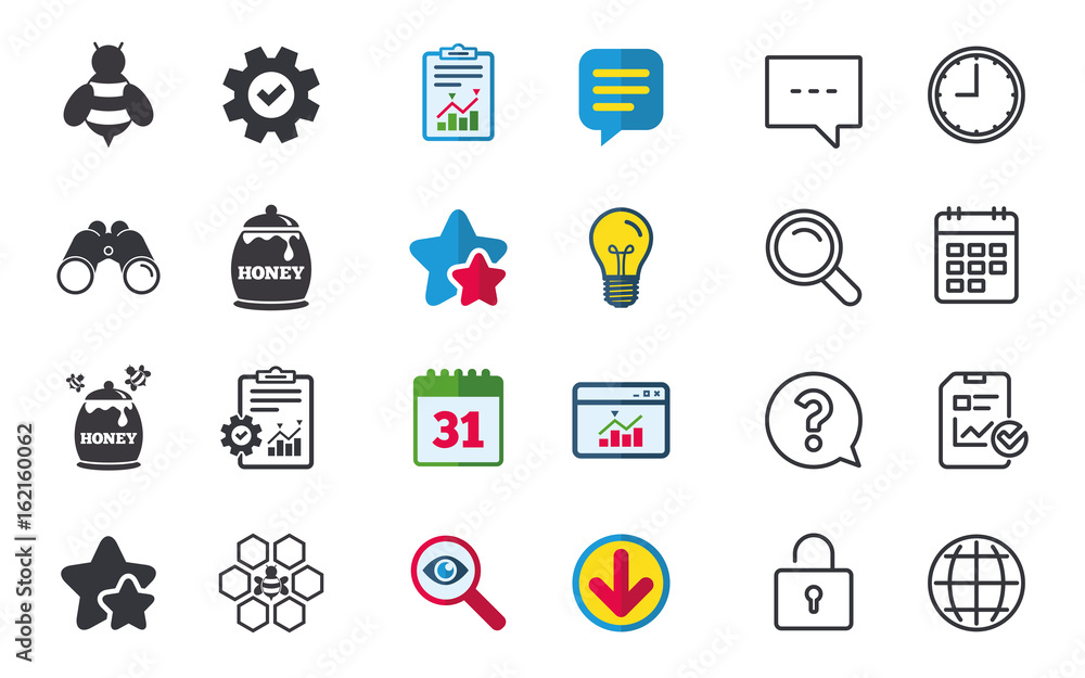 Honey icon. Honeycomb cells with bees symbol. Sweet natural food signs. Chat, Report and Calendar signs. Stars, Statistics and Download icons. Question, Clock and Globe. Vector Honey icon. Honeycomb cells with bees symbol. Sweet natural food signs. Chat, Report and Calendar signs. Stars, Statistics and Download icons. Question, Clock and Globe. Vector