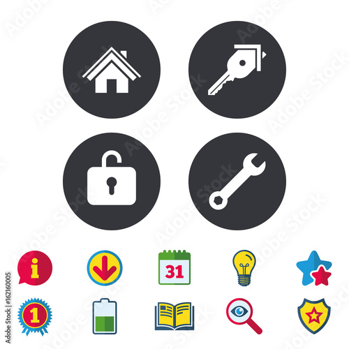 Home key icon. Wrench service tool symbol. Locker sign. Main page web navigation. Calendar, Information and Download signs. Stars, Award and Book icons. Light bulb, Shield and Search. Vector