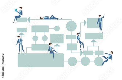 Business flowchart, process management diagram with businessmans characters. Vector illustration, isolated on white background.