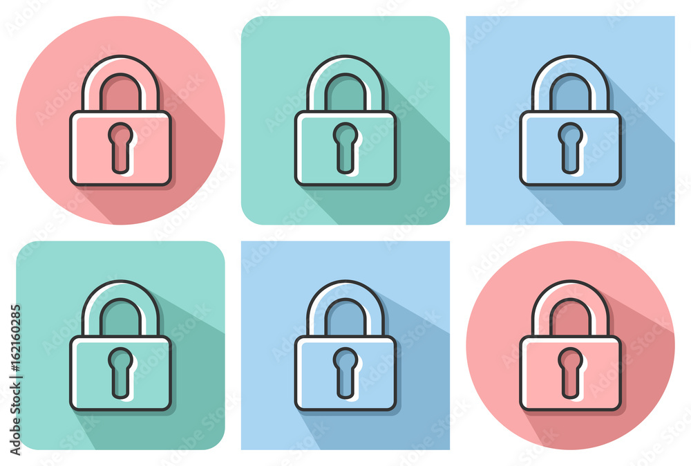 Outlined icon of locked padlock with parallel and not parallel long shadows Outlined icon of locked padlock with parallel and not parallel long shadows