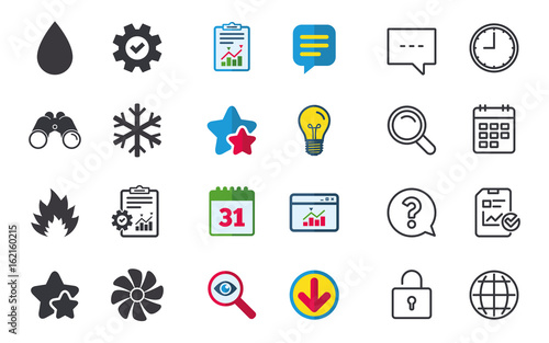 HVAC icons. Heating, ventilating and air conditioning symbols. Water supply. Climate control technology signs. Chat, Report and Calendar signs. Stars, Statistics and Download icons. Vector