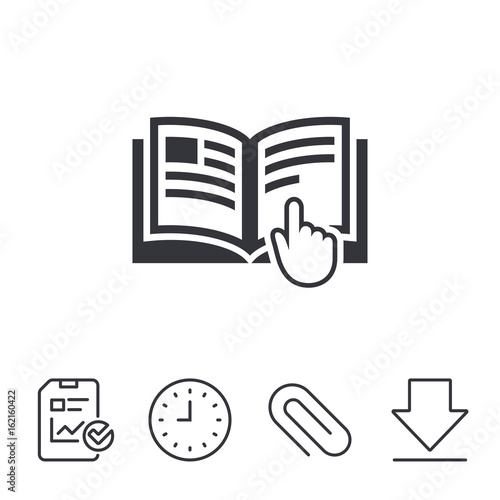 Instruction sign icon. Manual book symbol. Read before use. Report, Time and Download line signs. Paper Clip linear icon. Vector