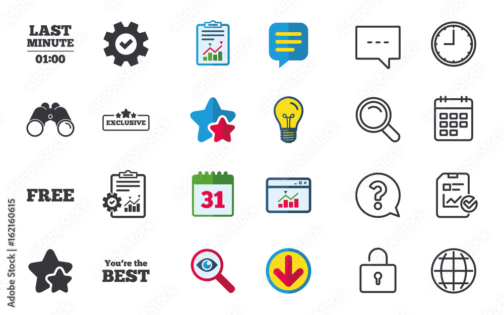 Last minute icon. Exclusive special offer with star symbols. You are the best sign. Free of charge. Chat, Report and Calendar signs. Stars, Statistics and Download icons. Question, Clock and Globe Last minute icon. Exclusive special offer with star symbols. You are the best sign. Free of charge. Chat, Report and Calendar signs. Stars, Statistics and Download icons. Question, Clock and Globe