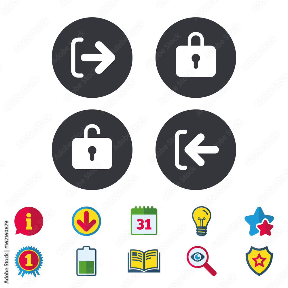 Login and Logout icons. Sign in or Sign out symbols. Lock icon. Calendar, Information and Download signs. Stars, Award and Book icons. Light bulb, Shield and Search. Vector Login and Logout icons. Sign in or Sign out symbols. Lock icon. Calendar, Information and Download signs. Stars, Award and Book icons. Light bulb, Shield and Search. Vector