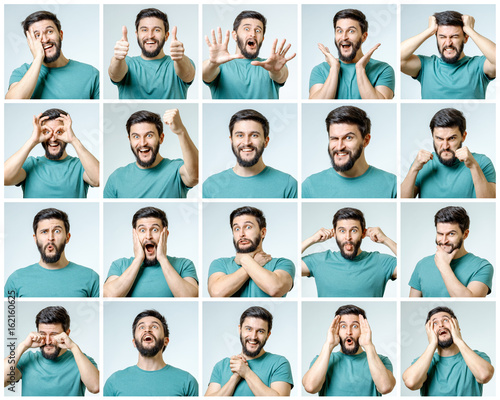 Set of young man's portraits with different emotions photo