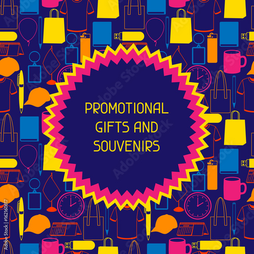 Advertising background with promotional gifts and souvenirs