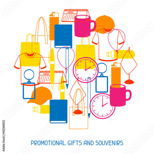 Advertising background with promotional gifts and souvenirs