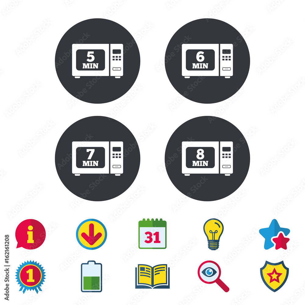 Microwave oven icons. Cook in electric stove symbols. Heat 5, 6, 7 and 8 minutes signs. Calendar, Information and Download signs. Stars, Award and Book icons. Light bulb, Shield and Search. Vector Microwave oven icons. Cook in electric stove symbols. Heat 5, 6, 7 and 8 minutes signs. Calendar, Information and Download signs. Stars, Award and Book icons. Light bulb, Shield and Search. Vector