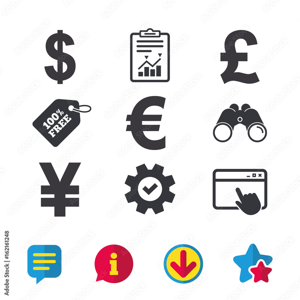 Dollar, Euro, Pound and Yen currency icons. USD, EUR, GBP and JPY money sign symbols. Browser window, Report and Service signs. Binoculars, Information and Download icons. Stars and Chat. Vector Dollar, Euro, Pound and Yen currency icons. USD, EUR, GBP and JPY money sign symbols. Browser window, Report and Service signs. Binoculars, Information and Download icons. Stars and Chat. Vector