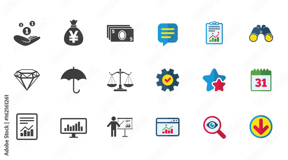 Money, cash and finance icons. Money savings, justice scales and report signs. Presentation, analysis and umbrella symbols. Calendar, Report and Download signs. Stars, Service and Search icons