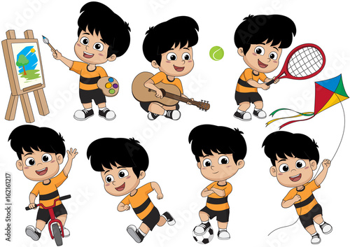 Set of kid activity,kid painting a picture,playing a guitar,playing a tennis,riding a bicycle,running,playing a soccer,playing a kite.