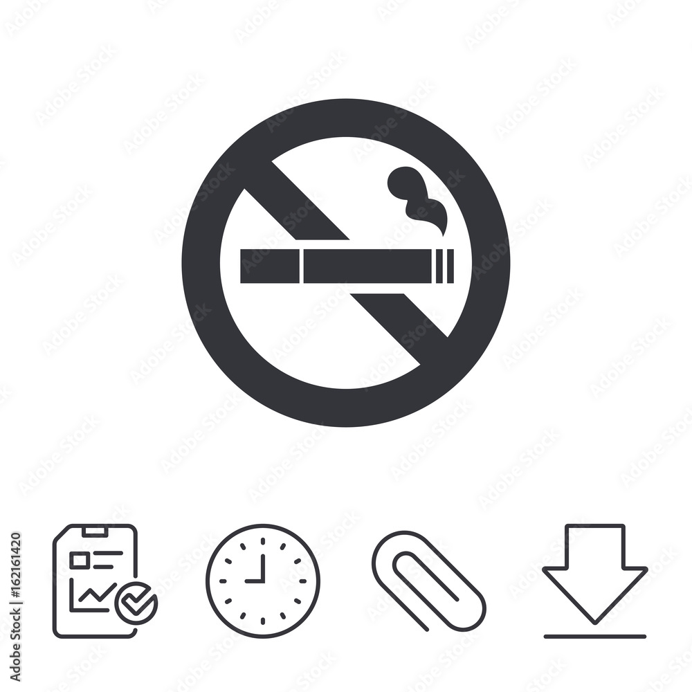 No Smoking sign icon. Cigarette symbol. Report, Time and Download line signs. Paper Clip linear icon. Vector No Smoking sign icon. Cigarette symbol. Report, Time and Download line signs. Paper Clip linear icon. Vector