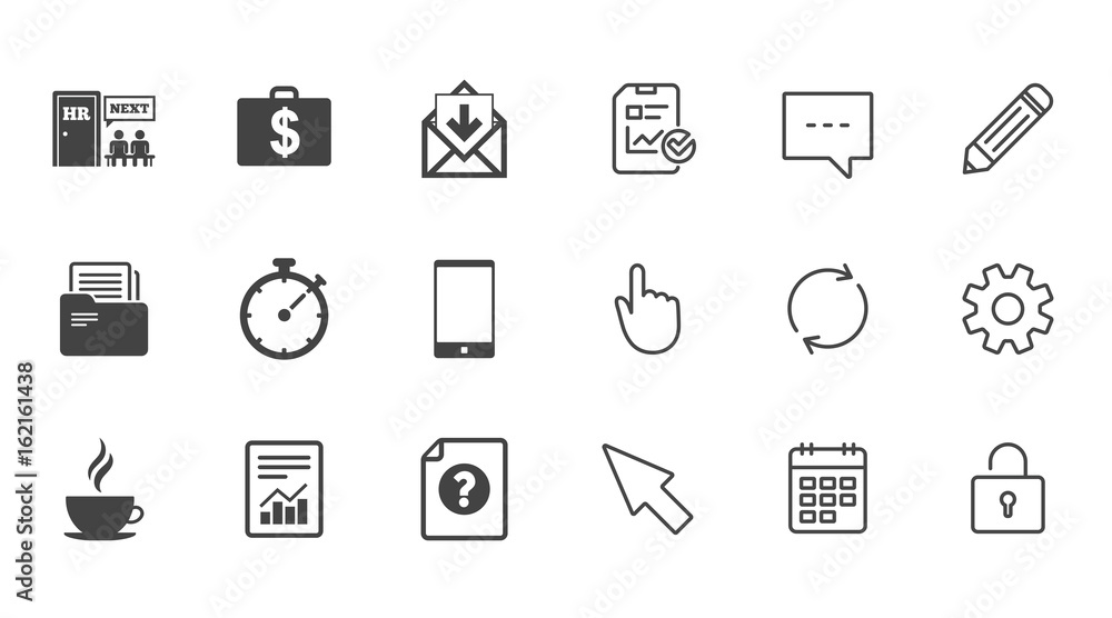 Office, documents and business icons. Accounting, human resources and phone signs. Mail, salary and statistics symbols. Chat, Report and Calendar line signs. Service, Pencil and Locker icons. Vector