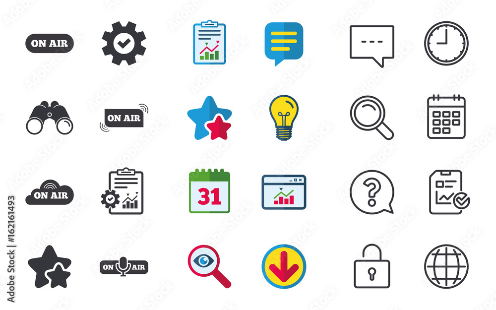 On air icons. Live stream signs. Microphone symbol. Chat, Report and Calendar signs. Stars, Statistics and Download icons. Question, Clock and Globe. Vector On air icons. Live stream signs. Microphone symbol. Chat, Report and Calendar signs. Stars, Statistics and Download icons. Question, Clock and Globe. Vector
