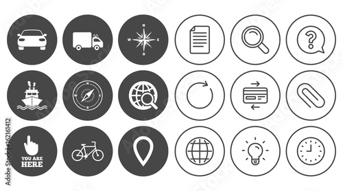 Navigation, gps icons. Windrose, compass and map pointer signs. Bicycle, ship and car symbols. Document, Globe and Clock line signs. Lamp, Magnifier and Paper clip icons. Vector